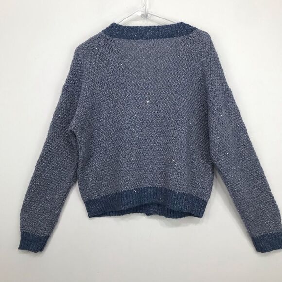 Lauren Conrad Dusty Blue Silver Sparkle V Neck Pearl Button Up Holiday Cardigan - Picture 9 of 16